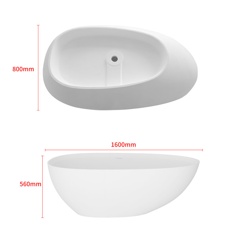 Baignoire autoportante à surface solide de 63 po avec drain central en blanc mat