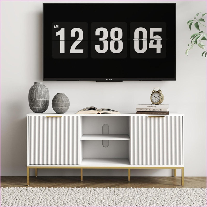 Meuble télé blanc avec portes ondulées et tablettes réglables | Blanc + or | Convient aux téléviseurs de 60 à 69 pouces