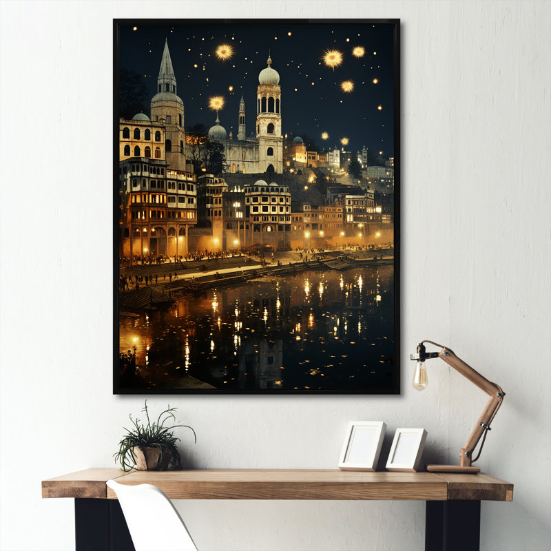 Art indien - Varanasi Ghats - art mural indien, Cadre flottant noir, 20" H x 12" W