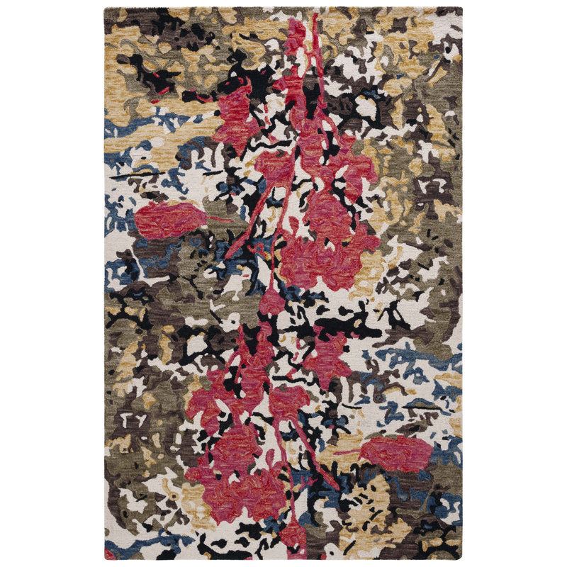 Tapis vert / ivoire en laine / coton touffeté à la main Kayshia, Carré 6 pi