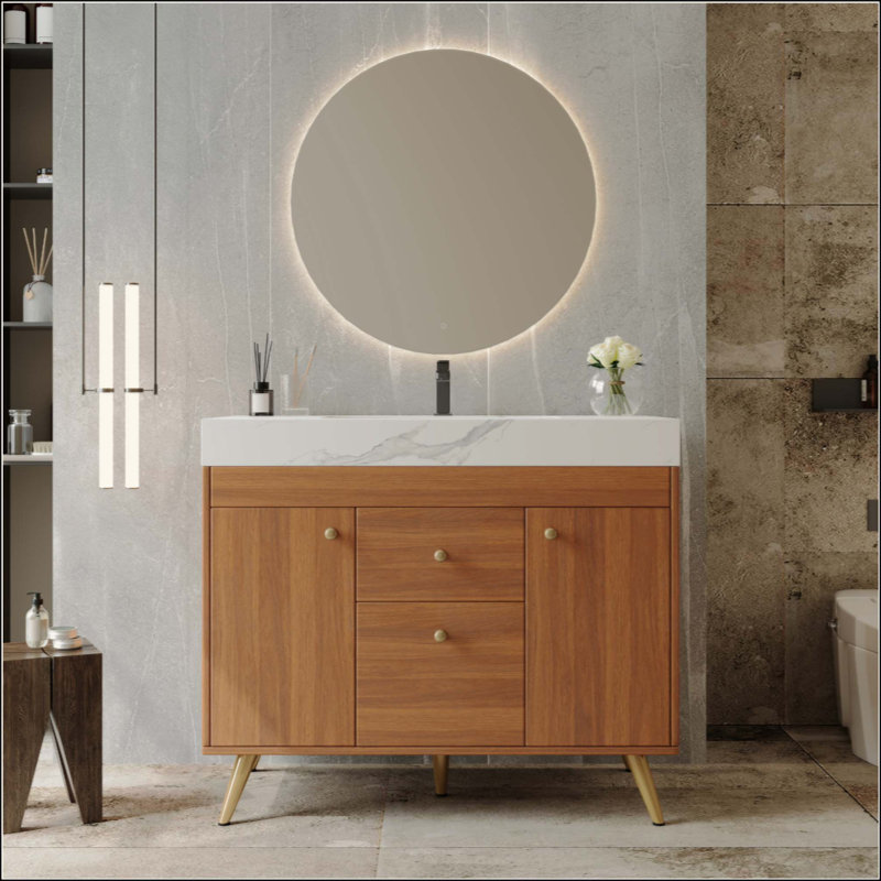 Meuble-lavabo autoportant moderne avec plateau en pierre frittée, lavabo en céramique et rangement intelligent, Brun, White