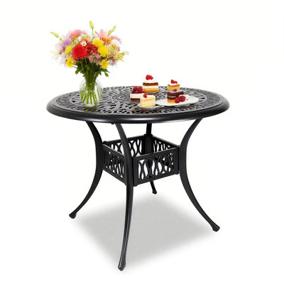 35" Outdoor Patio Table Cast Aluminum Dining Table,all Weather Metal Bistro Round Table With 2.4" Umbrella Hole For Garden,backyard,porch,balcony,black