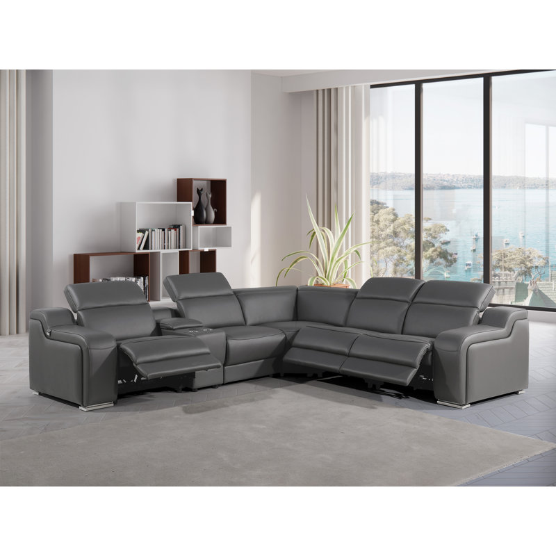 Canapé modulaire inclinable électrique en cuir italien 6 pièces Stanya, Cuir véritable gris foncé