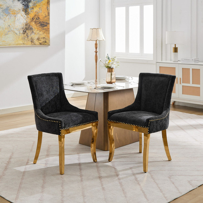 Chaises de salle à manger rembourrées modernes en chenille avec pieds plaqués or et garniture de rivets, ensemble de 2, Noir