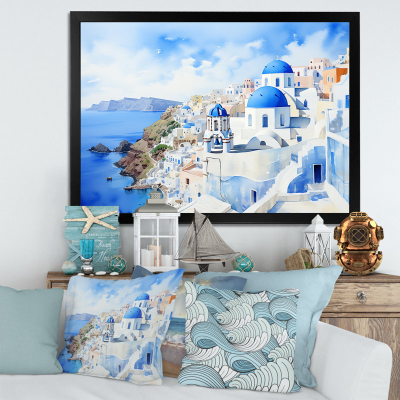 Art mural bleu et blanc Santorini III - Grèce, Cadre d'angle fermé noir, H 16 po x l 32 po x P 1 po
