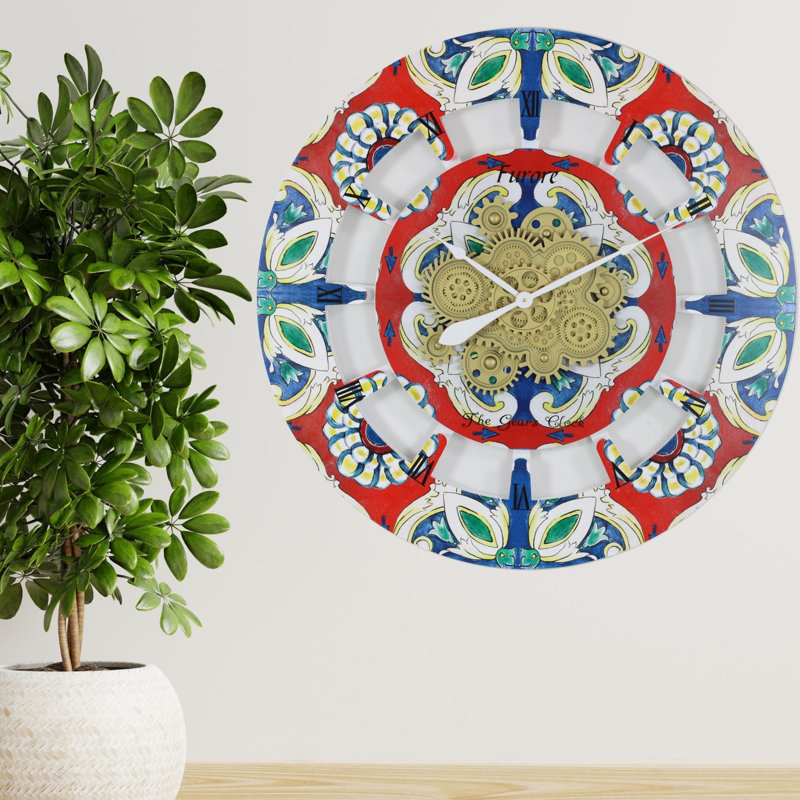 Oversized 36" Multicolor Wood Wall Clock with Moving Gears
