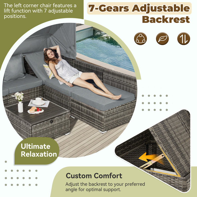 Yalissey 6 Pieces Patio Furniture Set,Outdoor Sectional Sofa Set With Retractable Canopy,Patio Conversation Sets With Adjustable Backrest For Backyard,Deck,Garden,Rattan,(Cushion)