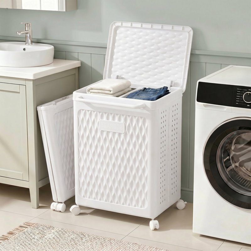 2-Section Rolling Laundry Hamper With Lid And Handle Dividers Plastic Laundry Organizer Wheeled Basket For Bathroom, Bedroom, Laundry Room