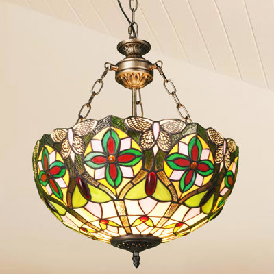 16" 3 - Light Tiffany-Style Butterfly Flower Stained Glass Inverted Chandelier Dimmable