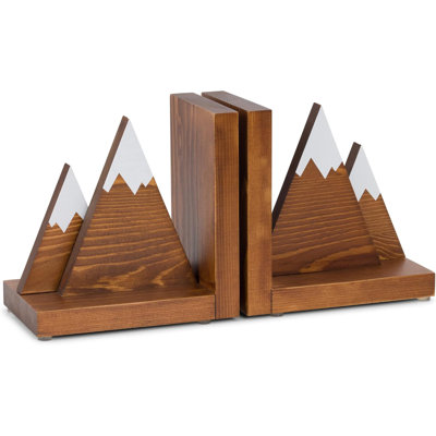 Mountain Decor For Shelves - Adventure Decor Wooden Book Ends - Woodland Nursery Decor - Non Slip Decorative Bookends For Heavy Books, Rustic Office Decor