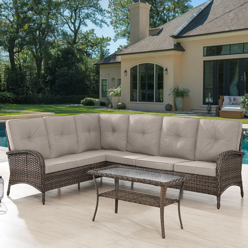 Serita Yokota 100" Wide Outdoor PE Wicker Patio Sectional With Cushions With Coffee Table, Beige