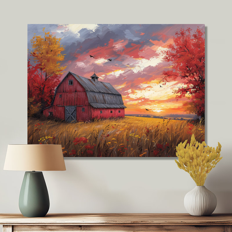 «Autumn Red Barn Breeze II» - reproduction d'art murale grange, H 34 po x l 44 po x P 1,5 po, Toile tendue