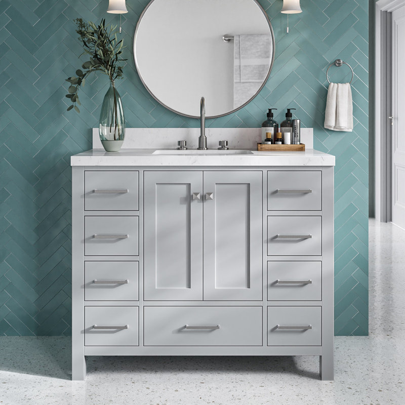 Cambridge 42.25'' Single Bathroom Vanity with Carrara Quartz Top, Gray / Brushed Nickel