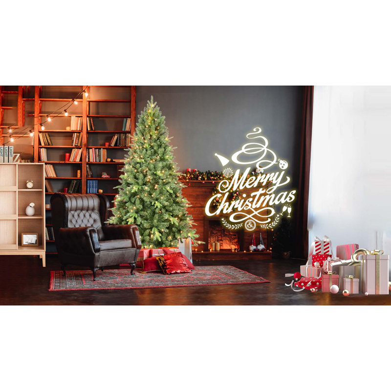 Arbre de Noël classique à charnières pré-éclairé avec lumières UL blanc chaud et support en métal robuste, H 9 pi