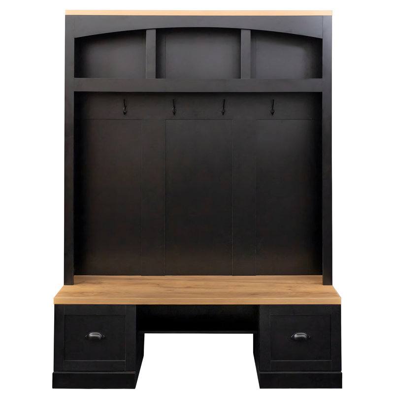Farmhouse 4-In-1 Hall Tree With Wood Grain Bench And Top, Black