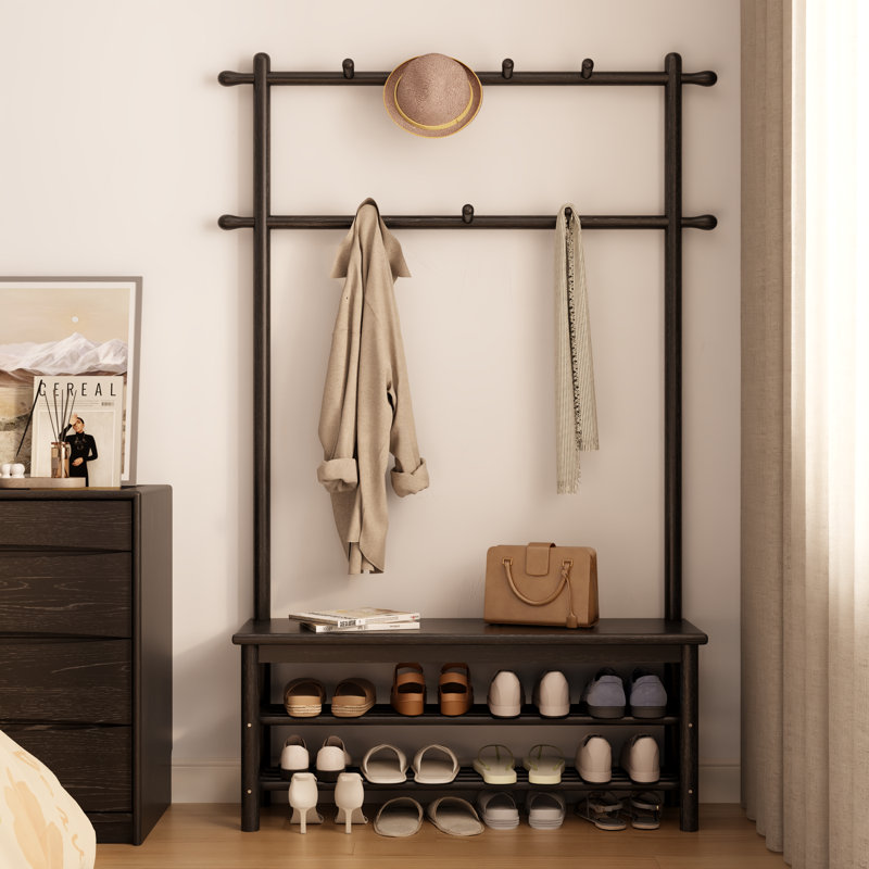 Solid Wood Hall Tree with Bench and Shoe Storage, Entryway Organizer with 11 Hooks and Two-Tier Shoe Rack for Mudroom or Hallway