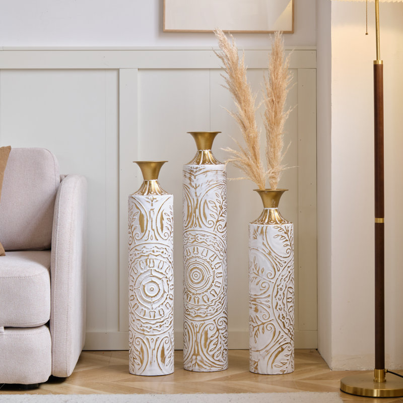 Ensemble de vases de plancher en métal 3 pièces - Grand décor en relief blanc et doré pour le salon, l'entrée et le bureau
