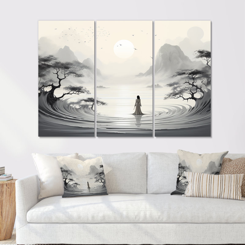 Jardin zen - ensemble d'art mural bouddhisme, Toile tendue, H 32 po x l 48 po x P 1 po