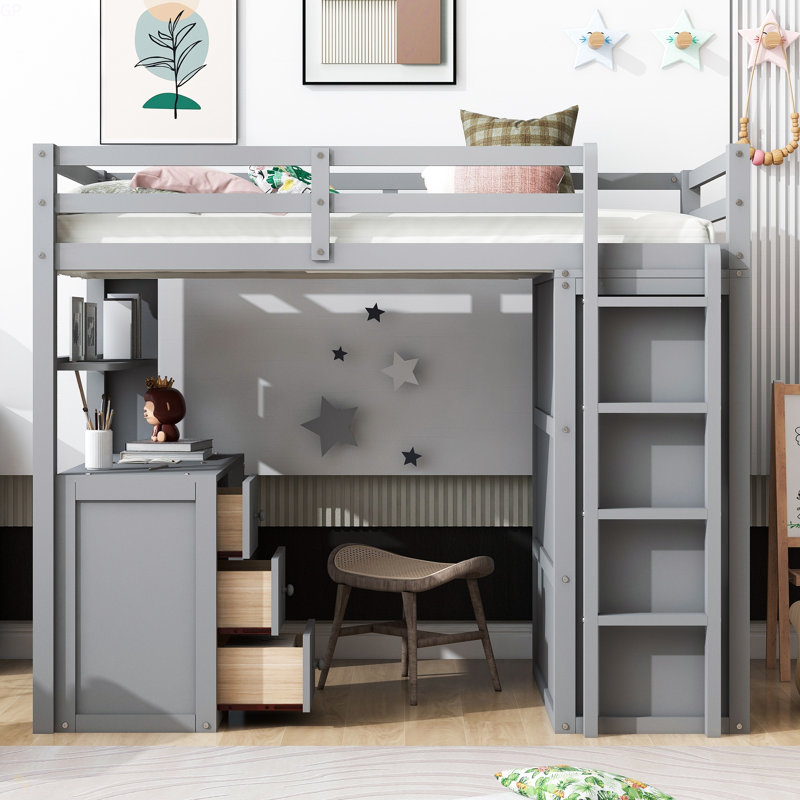 Lit mezzanine avec tiroirs, bureau et garde-robe, Gris, Lit simple