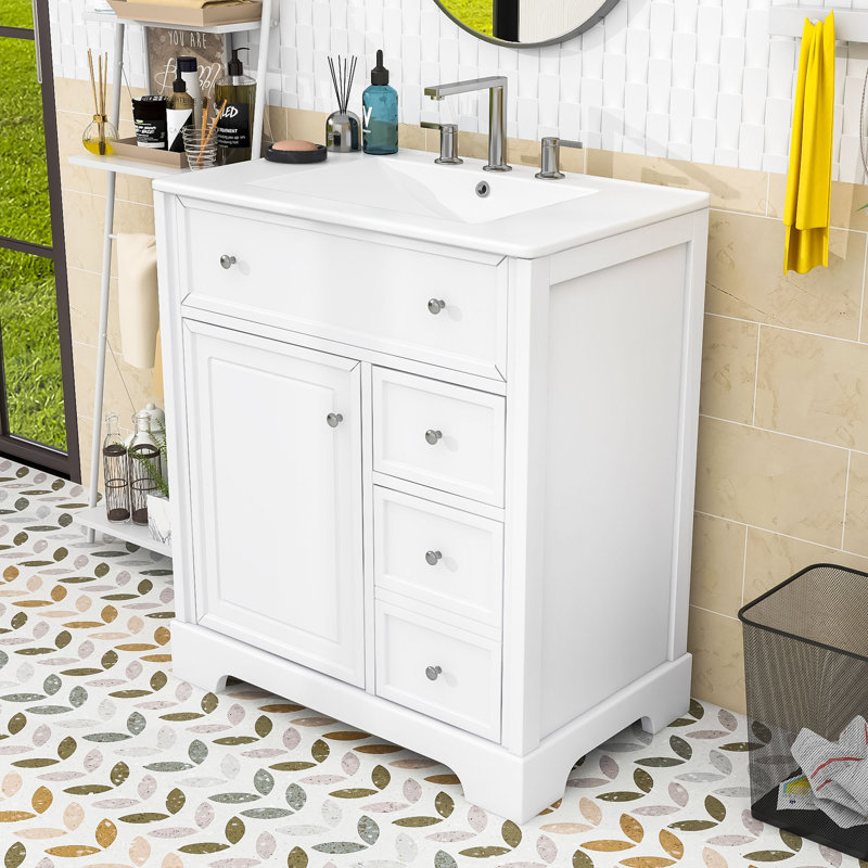 Élégant meuble-lavabo de 30 pouces avec lavabo en bois durable et céramique, Blanc