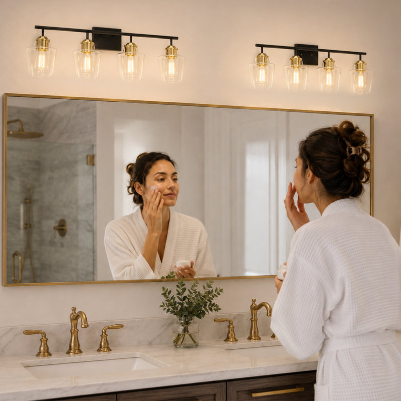 Miroir de salle de bain 30,5 po à 4 lumières câblées avec miroir pour salle de bain style moderne noir et laiton clair