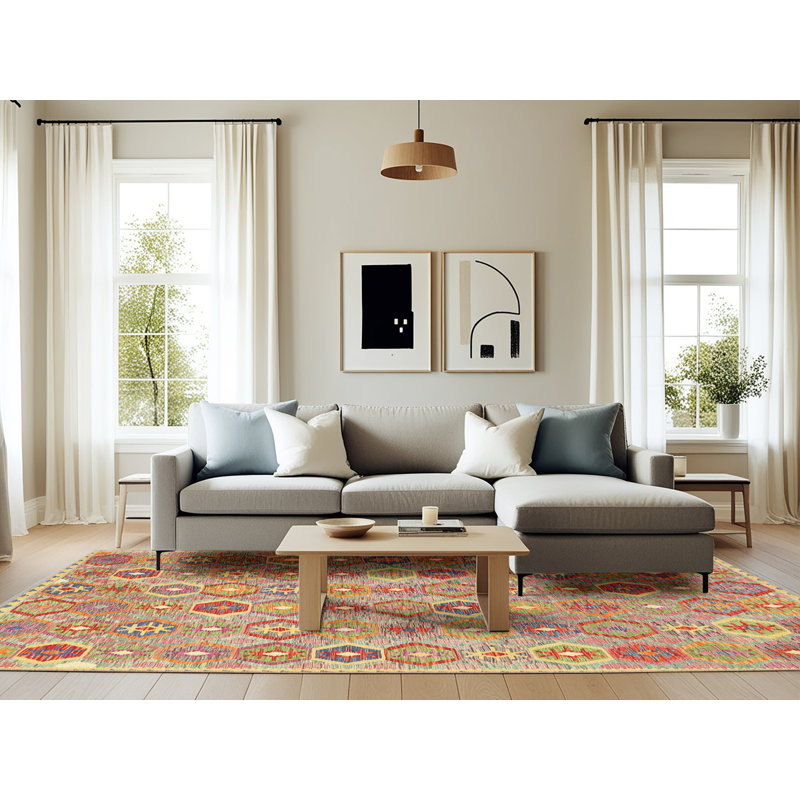 Tapis contemporaine beige/rouge/rose pâle, Rectangle 6 pi x 9 pi