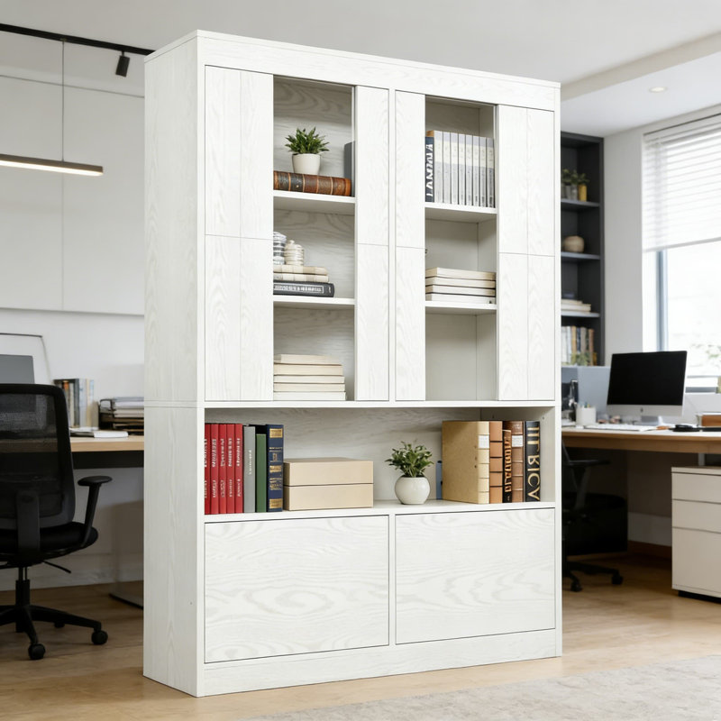 Bibliothèque moderne à 5 niveaux avec portes en acrylique et armoires de rangement, grande bibliothèque pour le salon et l'organisation du bureau personnel