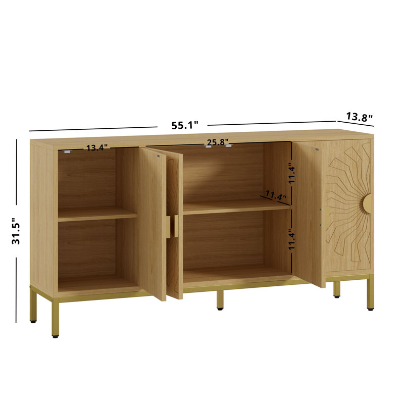 55" Light Brown Sunflower Pattern Sideboard Buffet Cabinet with Metal Base