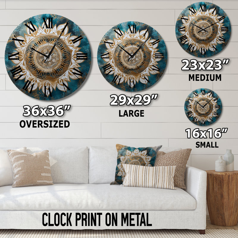 Horloge murale sarcelle et or Mandala II - Boho Mandala, Médium