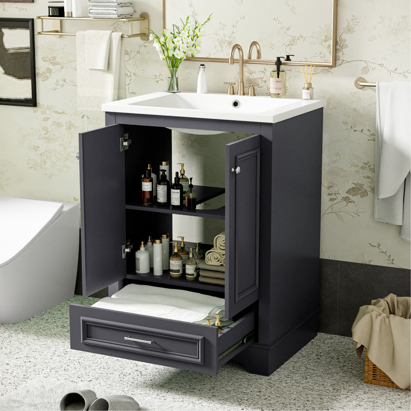 Meuble-lavabo 24 po avec lavabo en céramique - Armoire moderne avec rangement pratique, Gray / Silver
