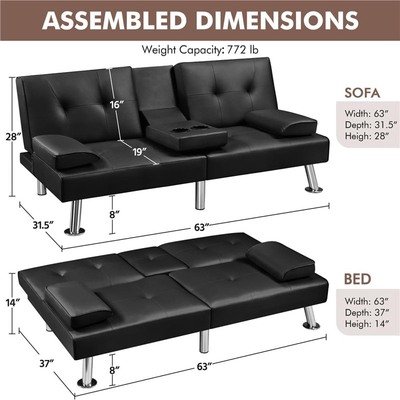 Sharida 3 Seater Sofa Bed, Black