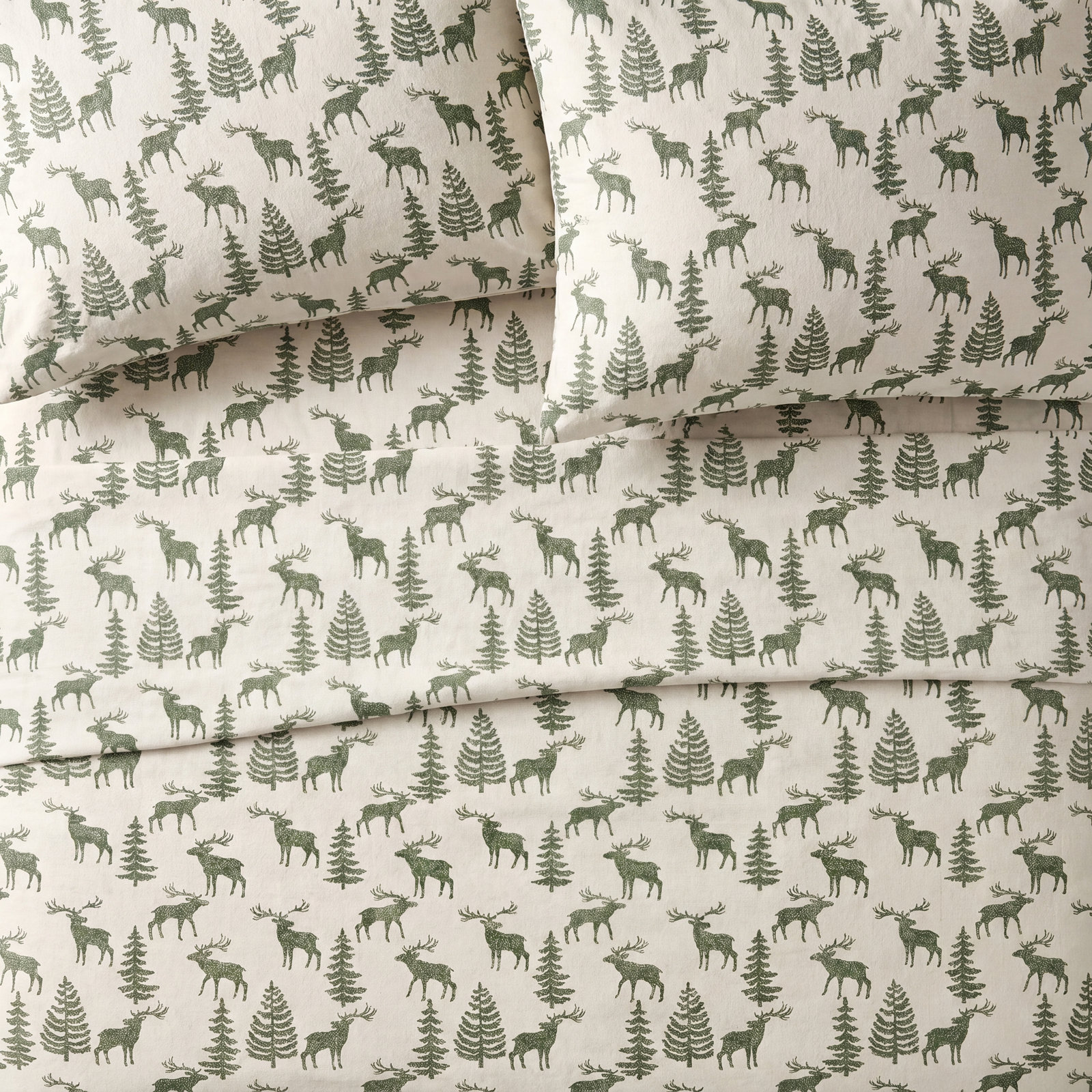 Fabrice Flannel Sheet Set, King Sheet Set with Fitted Sheet and 2 Pillowcases, Ivory/Green
