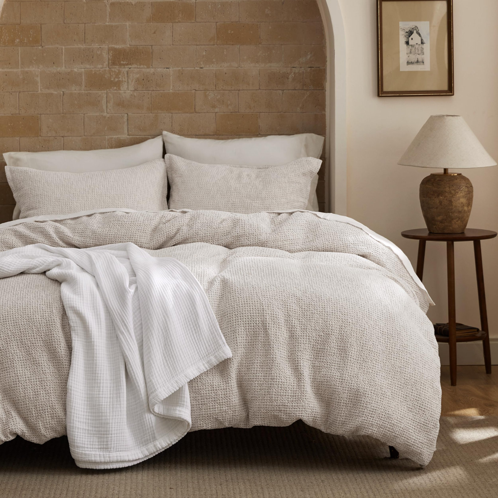  Waffle Duvet Cover - 100% Cotton Duvet Cover Linen Color, Space-Dyed For Enhanced Bedroom Aesthetics, Gentlesoft And Stylish All-Season, 3-Piece Bedding Set With Button Closure, 104"X90"