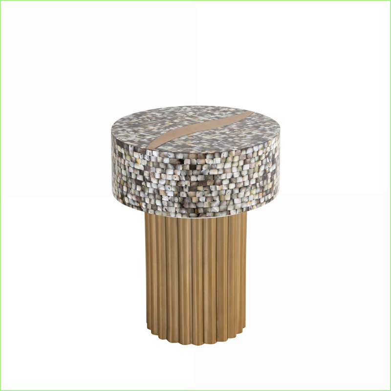 Table basse moderne en nacre avec accents en laiton, base robuste en acier inoxydable pour le salon