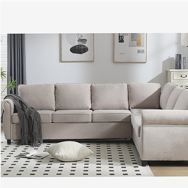 [NOUVEAUTÉ [VIDÉO FOURNIE] Canapé-lit, canapé-lit 2 en 1 escamotable, canapé-lit 6 places, canapé-lit modulaire en L, canapé riveté, grand canapé-lit combiné de 104 po dans le salon, BEIGE