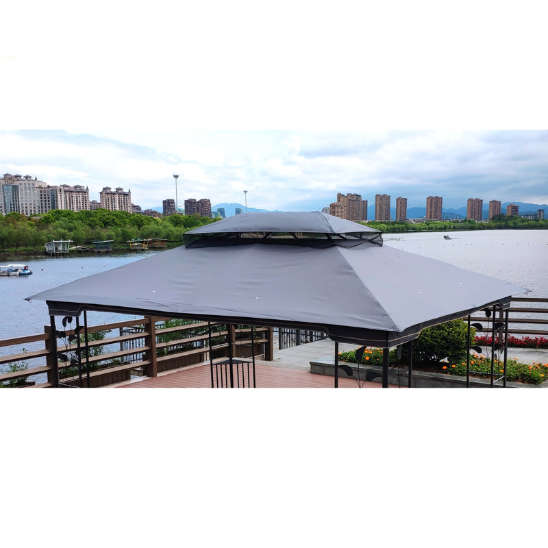 13X10 Ft Patio Double Roof Gazebo Replacement Canopy Top Fabric, Gray, Gray