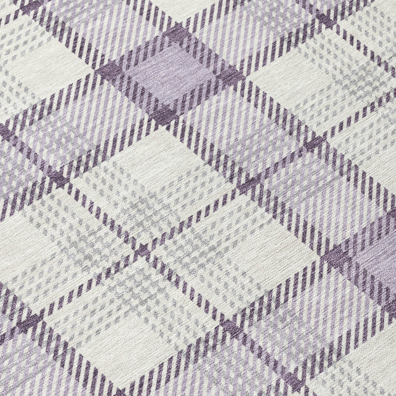 Lavender Plaid Washable Synthetic Indoor/Outdoor Rug