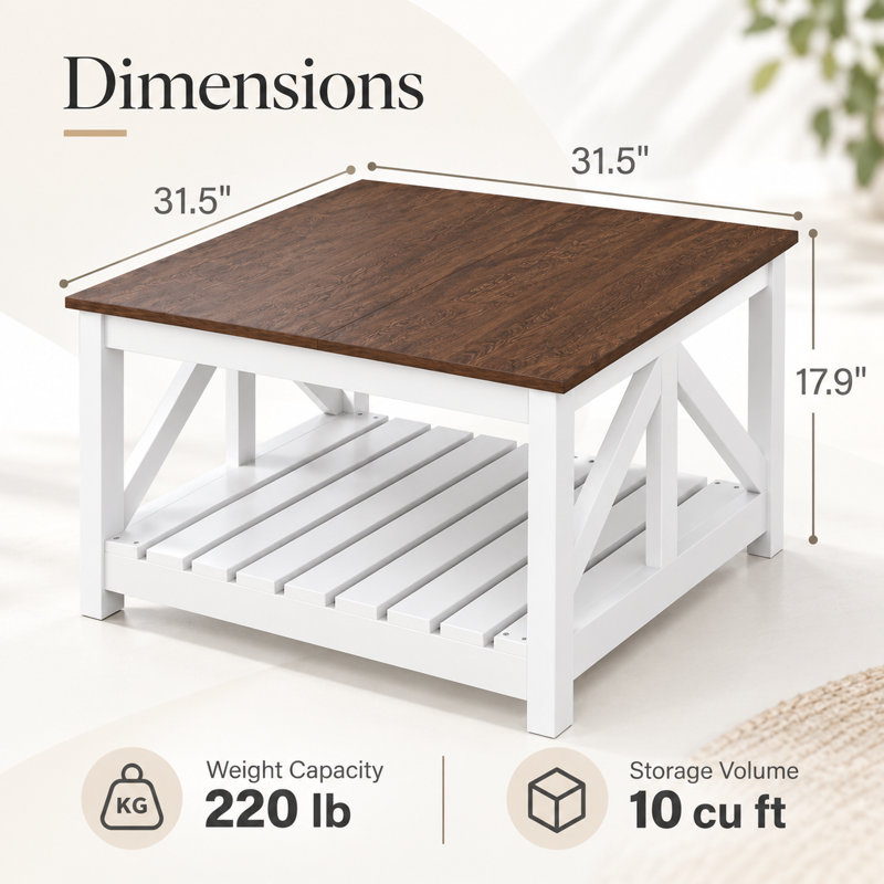 Table basse 31,5 po Farmhouse, 17.9" H x 31.5"W x 31.5" D, Brun, Blanc