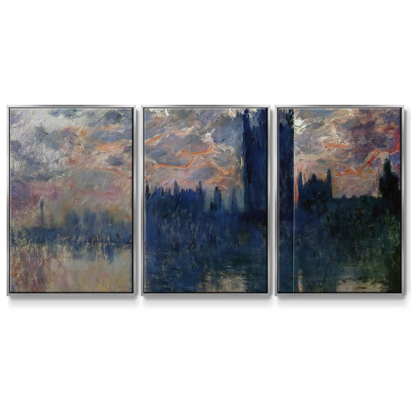 Maisons du Parlement, coucher de soleil (détail), 1900 - Toile encadrée multi-pièces, H 40 po x l 78 po x P 2 po, Argent