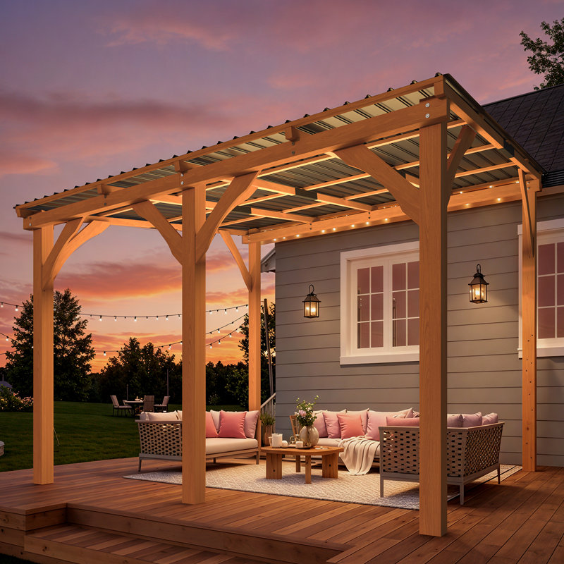 Patio Wood Lean To Hardtop Pergolas, 96" H x 117" W x 115" D