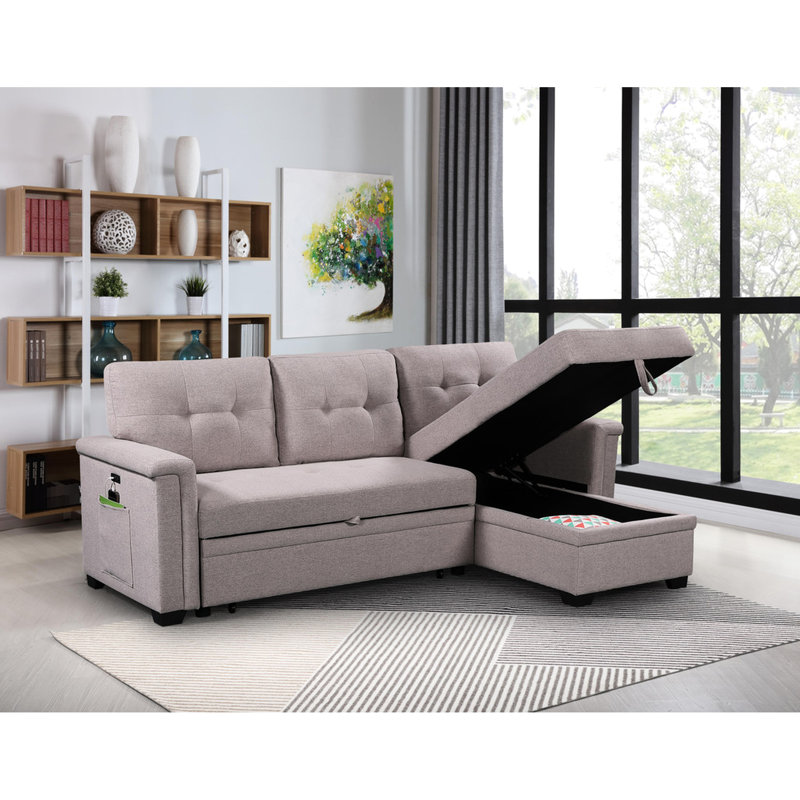 Sectional With Charging, Storage Chaise & Medium Firm Seat Gray Linen Chaise, Charging Ports Pocket
