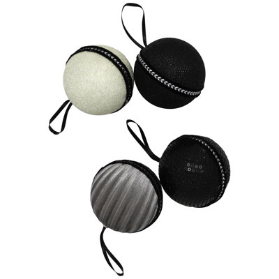 Boules de Noël à paillettes et à paillettes avec ruban - 2,75 po - noir - ensemble de 4