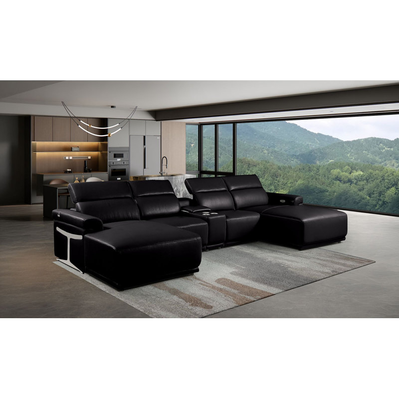 Canapé modulaire noir en cuir italien 5 pièces avec accoudoirs réglables en U noir, Noir