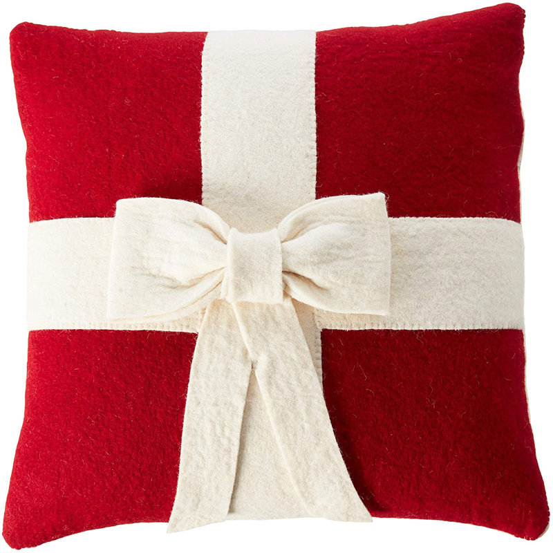 Red Bow - Housse de coussin de Noël en laine feutrée à la main, Rouge / arc crème, Oreiller (inclus), 20 po x 20 po