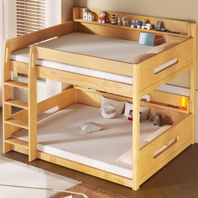 Queen over Queen Wood Bunk Bed with Storage Shelves & USB Ports, Space-Saving Wooden Bunk Bed, Wood Color