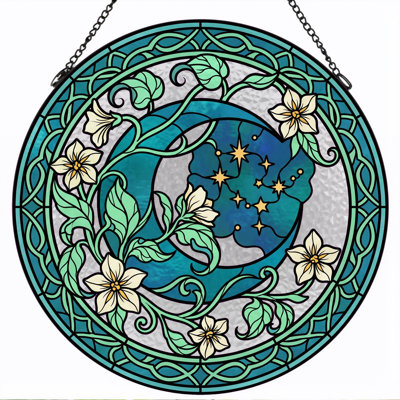 Celtic Moon Stained Glass Window Panel，12"H