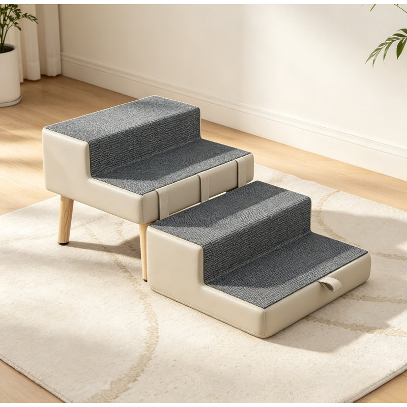 Marche-pieds convertibles gris pâle pour animaux de compagnie, rampe pliable en bois et PVC pour chiens, escalier d'intérieur antidérapant pour chiots et chats