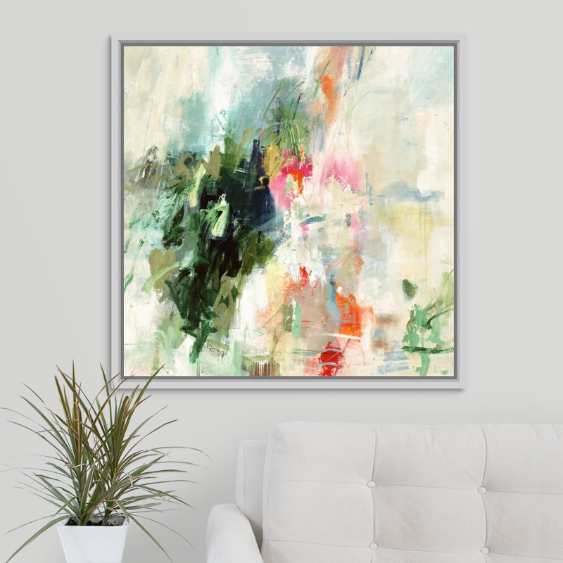 « jealous hearts », peinture sur toile, H 31,7 po x l 31,7 po x P 1,75 po, Cadre flottant blanc