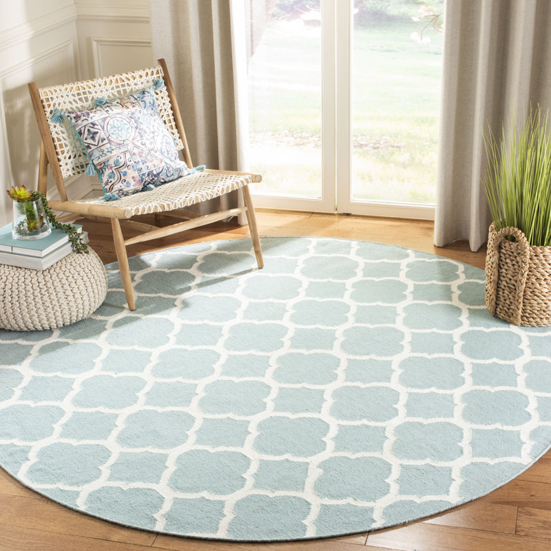 Rodgers Hand Woven Flat Weave Banana Silk/Wool/Cotton Geometric Rug in Ivory/Blue