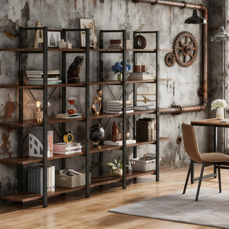 Bibliothèque très haute à 5 niveaux avec tablettes rustiques réglables pour la présentation de livres et de décorations.